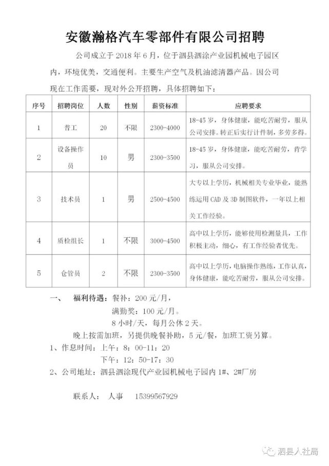 泗县招工最新招聘信息概览